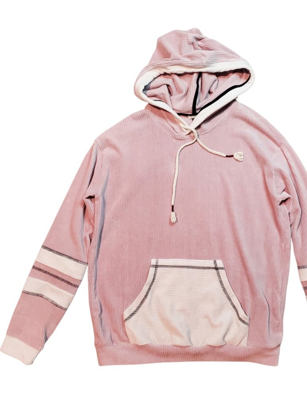 POL Pink Varsity Stye Ribbed Striped Pullover Hoodie - Large